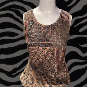 Victoria Jones Boho Sequin Tank Top, Brown/Tan Block Print, Women's Large